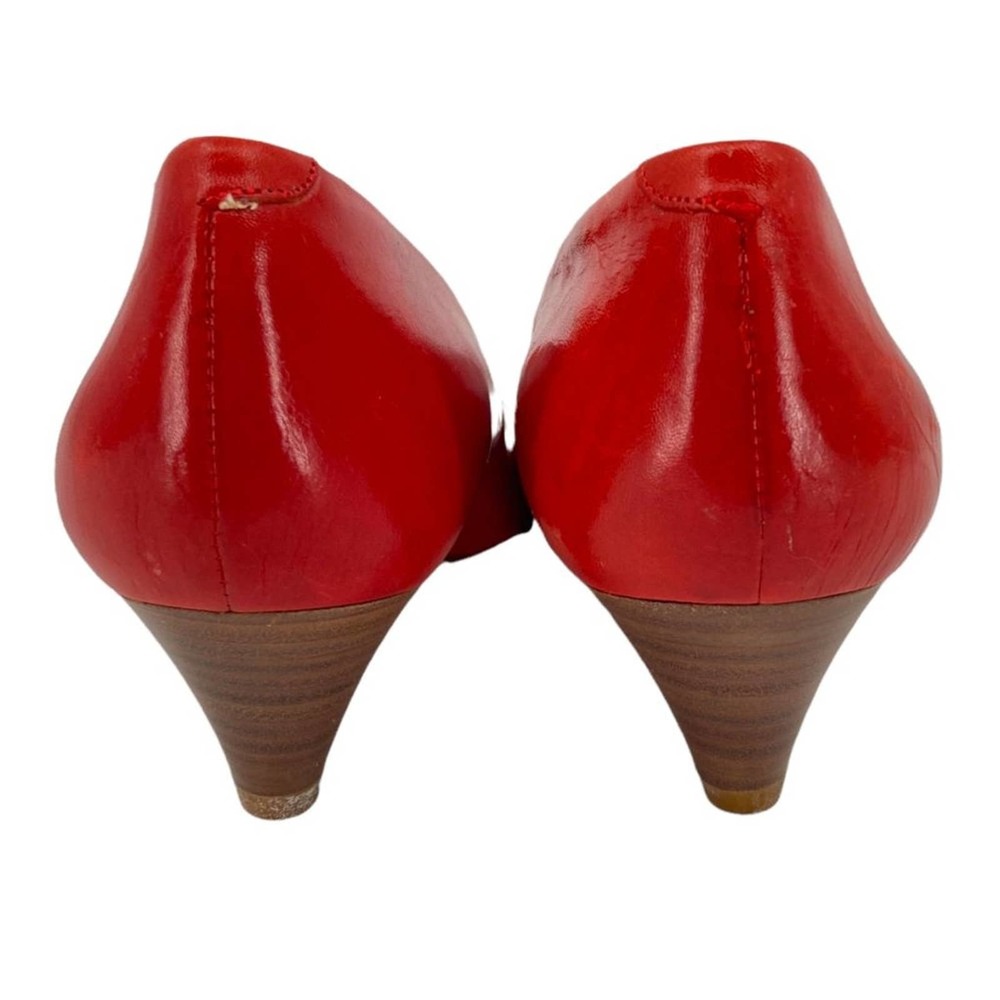 Vintage 80s Red Leather Wood Stacked Kitten Heel Pumps - Picture 3 of 14